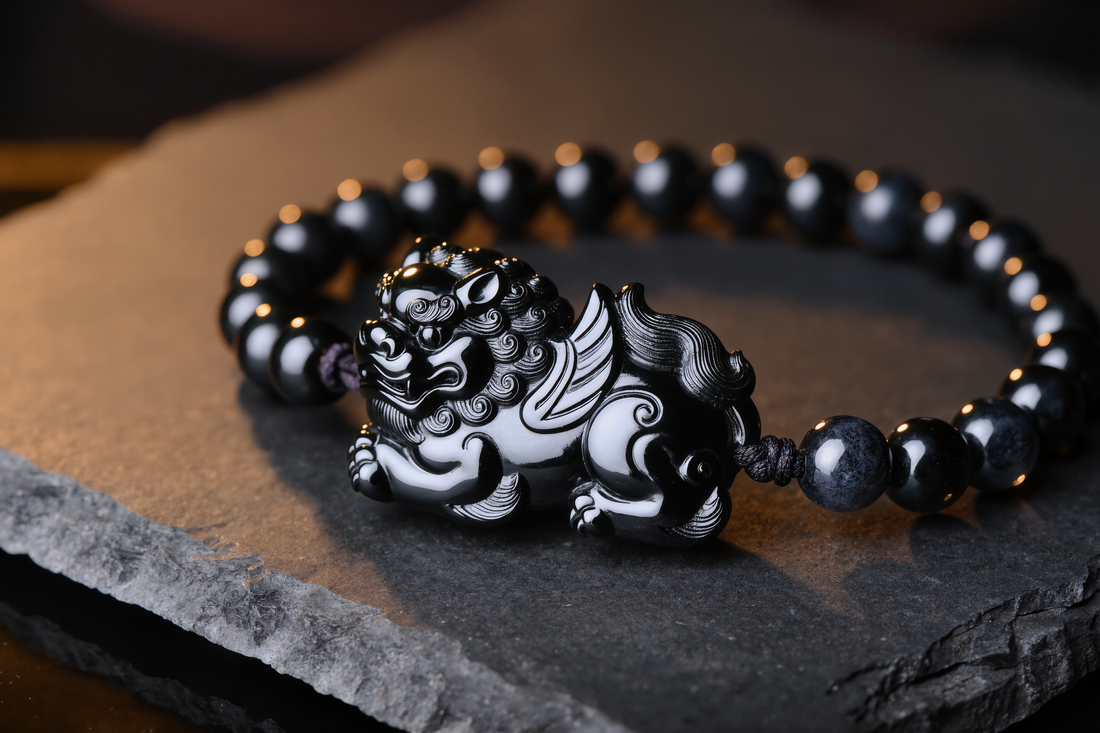 Carved black obsidian Pixiu wealth charm on a beaded bracelet
