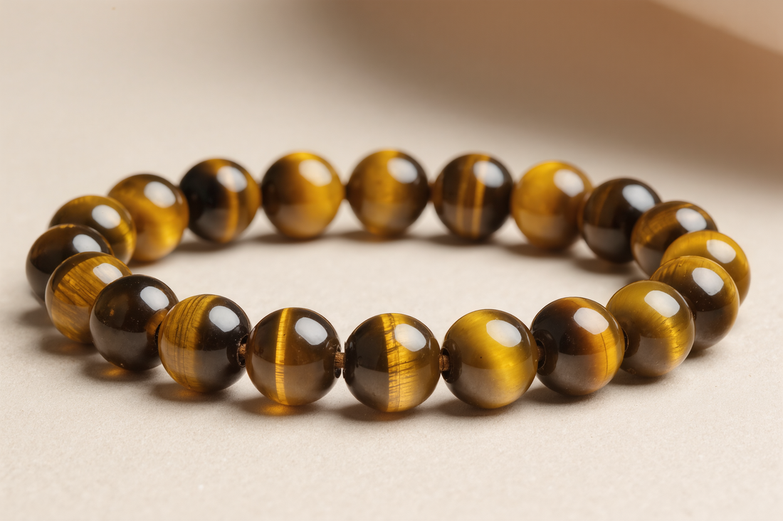 Golden tiger's eye beaded bracelet showing chatoyant band
