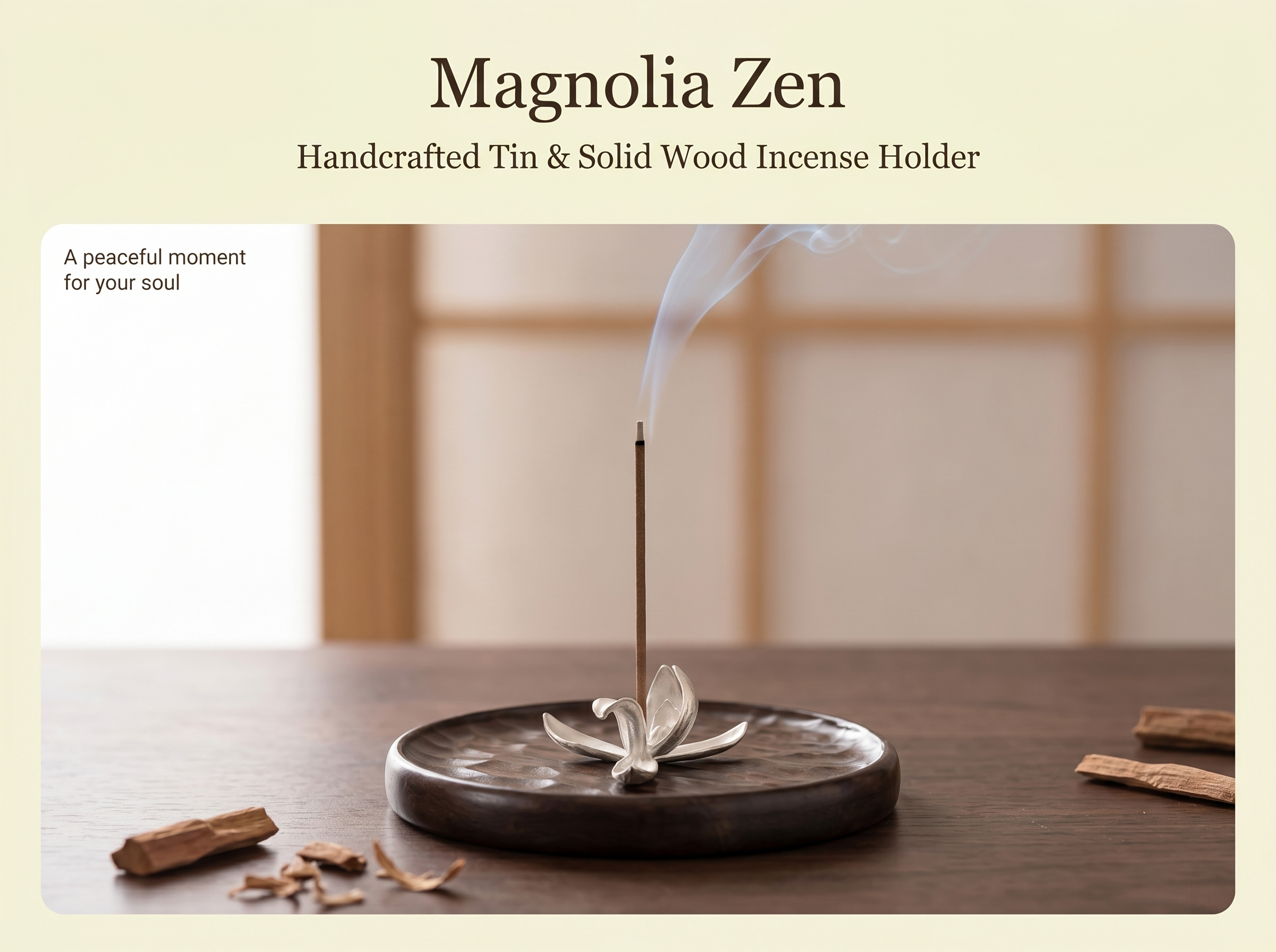 Zenflowing Magnolia Harmony Tin & Solid Wood Incense Holder