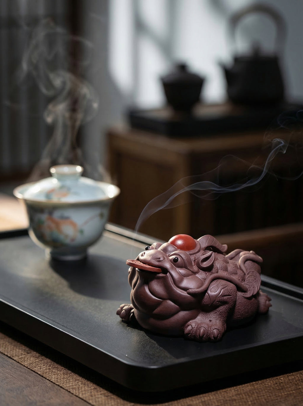 Zenflowing Handmade Zisha Tea Pet - Three-Legged Money Toad Sculpture, Purple Clay Fortune Ornament for Tea Lovers