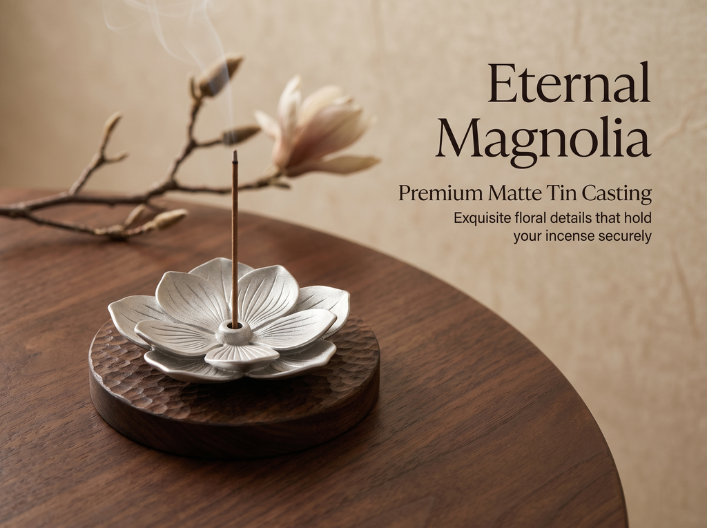 Zenflowing Magnolia Harmony Tin & Solid Wood Incense Holder