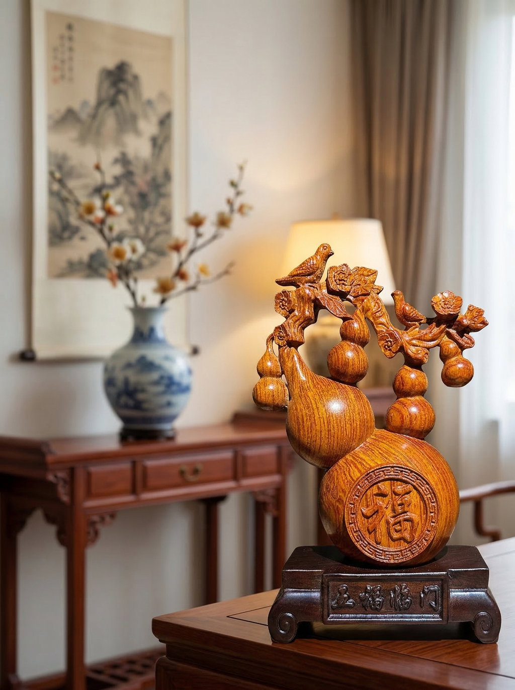 Zenflowing Five Blessings Wooden Gourd Sculpture - Ebony & Rosewood Home Decor for Good Fortune