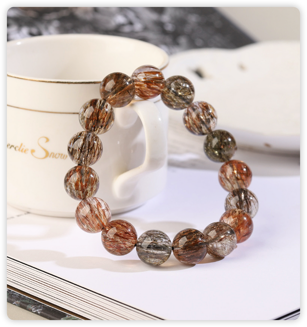 Zenflowing Natural Rutilated Quartz Bracelet – Clear Ice-Cut Round Beads for Men & Women