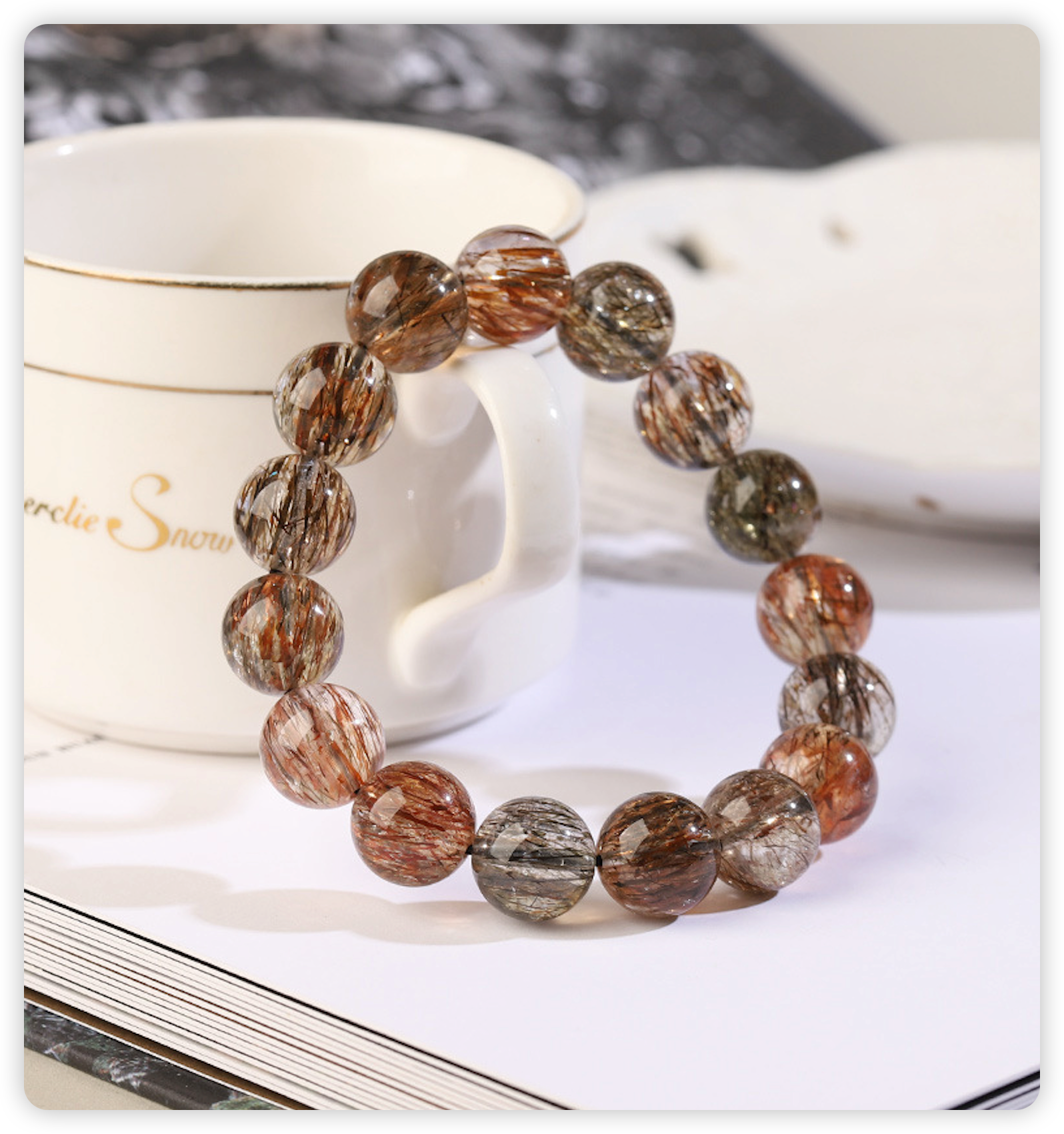 Zenflowing Natural Rutilated Quartz Bracelet – Clear Ice-Cut Round Beads for Men & Women